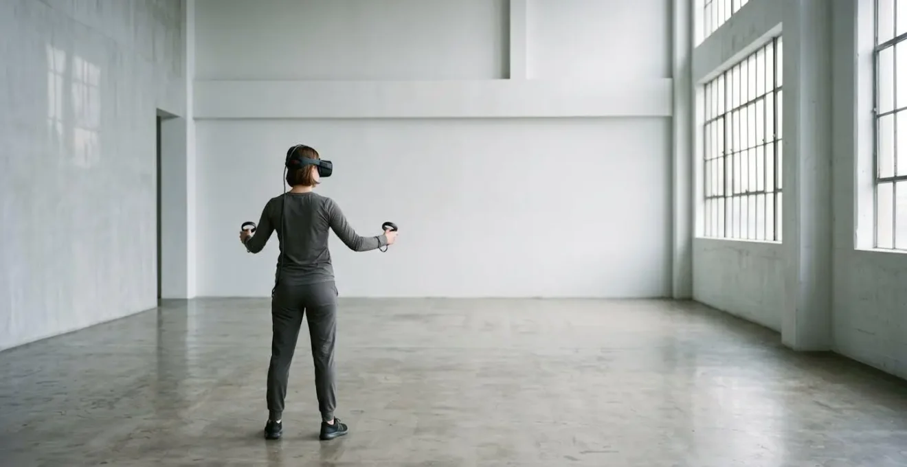 Minimalist VR training space showing gradual complexity progression