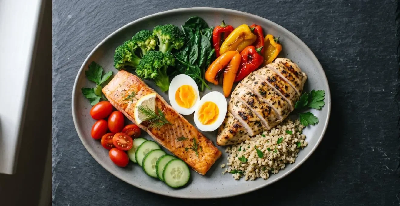 Visual representation of protein-centered meal composition demonstrating metabolic flexibility through macro balance