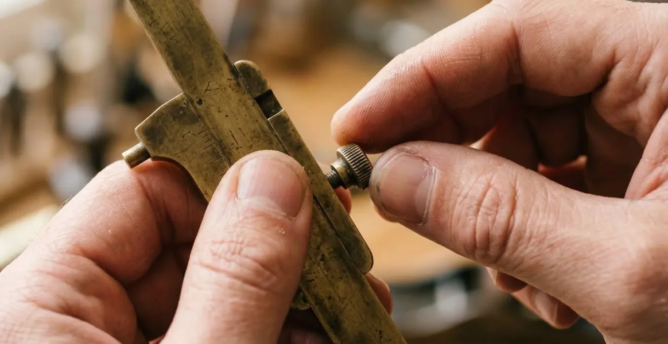 Hands carefully adjusting vintage brass measurement instrument with precision and calm focus