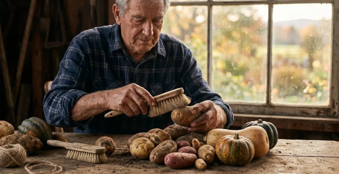 Mid-shot of freshly harvested root vegetables being prepared for long-term cellar storage showing a traditional curing process