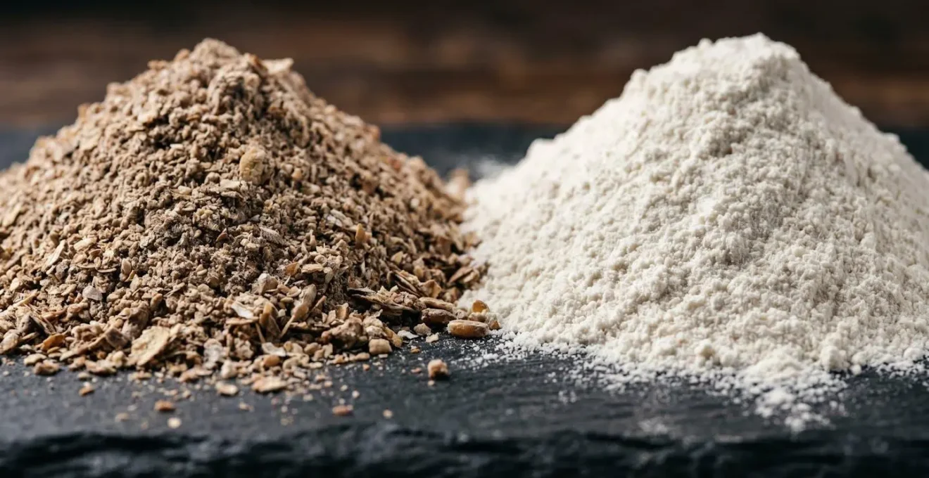 Extreme close-up macro view comparing textural differences between dark rye flour and white bread flour mounds