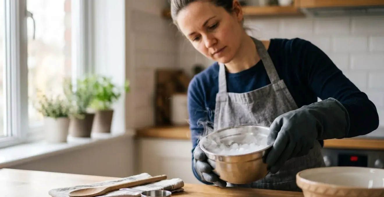 Home baker using dry ice safely with protective gloves in well-ventilated kitchen space