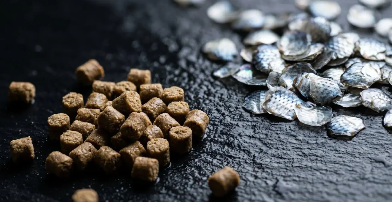 Macro photograph showing the textural detail of fish feed pellets and natural marine elements symbolizing the feed conversion challenge
