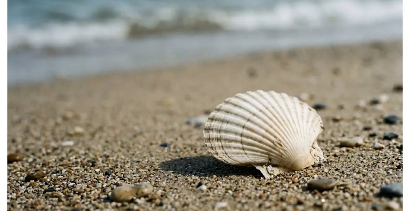 Macro detail of scallop shell showing natural ridged texture against sandy seabed background