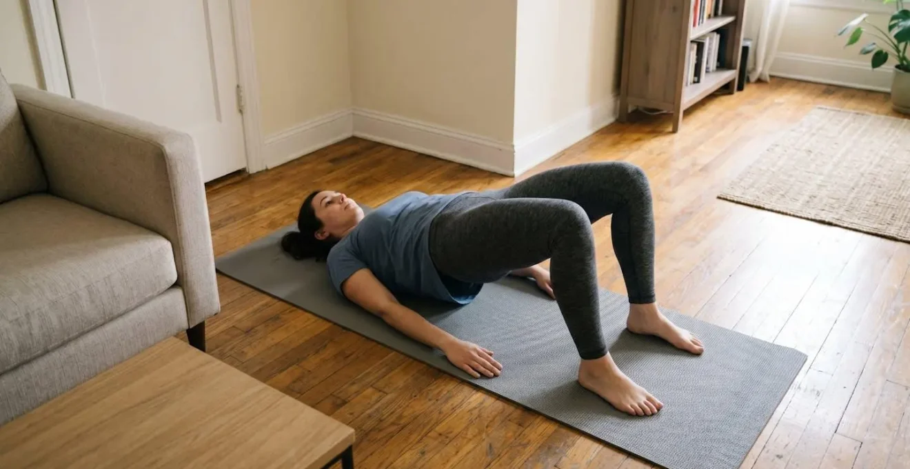 Fitness professional demonstrating quiet bodyweight exercise in compact apartment space