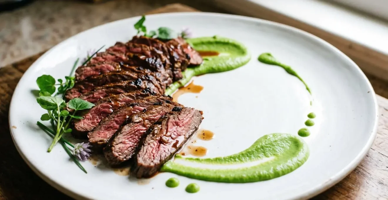 Thinly sliced affordable meat cut fanned across a white plate with deliberate negative space, demonstrating professional plating technique