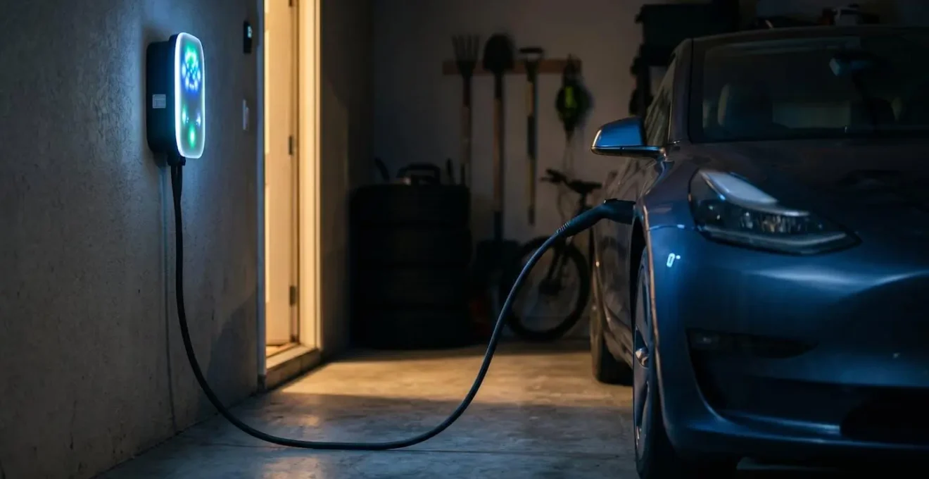 Electric vehicle charging at night in a residential garage, with the smart charger's indicator lights glowing softly in the darkness.