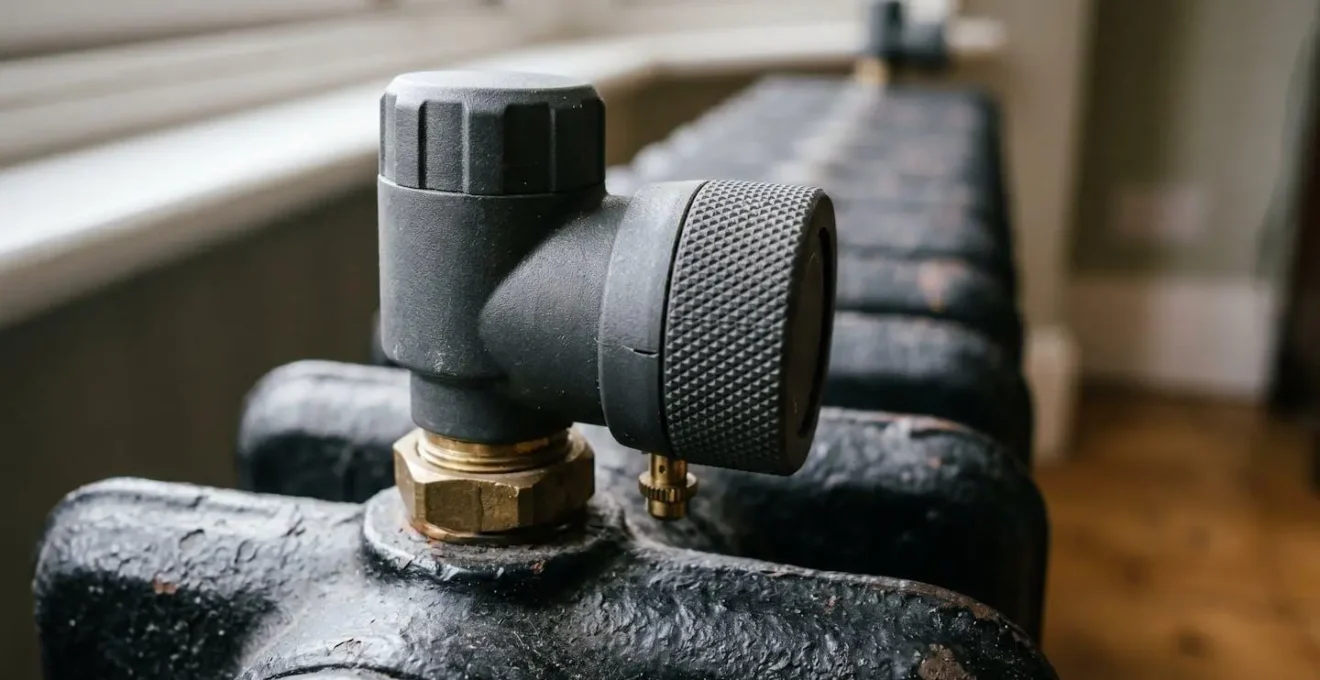 Close-up of smart thermostatic radiator valve installed on UK home radiator showing precise temperature control
