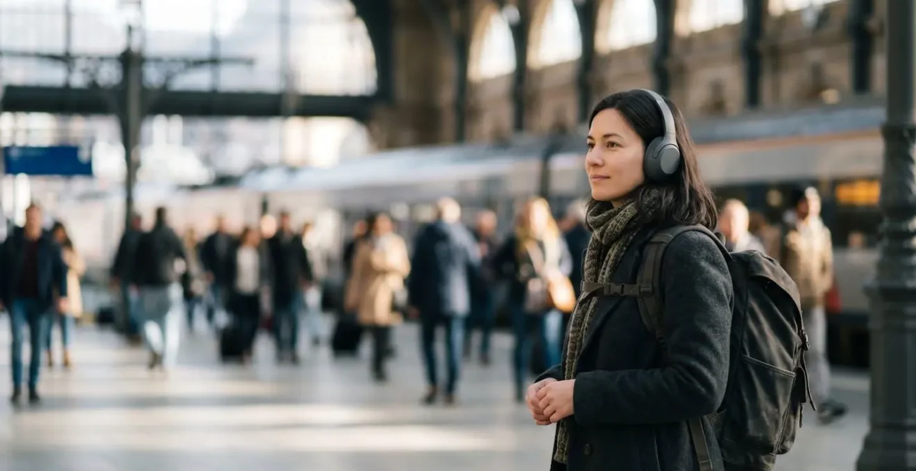 Traveler maintaining calm awareness in busy European train station