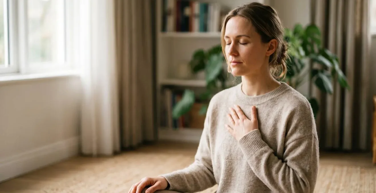 Person in peaceful meditation posture focusing on internal bodily sensations and heartbeat awareness for stress reduction