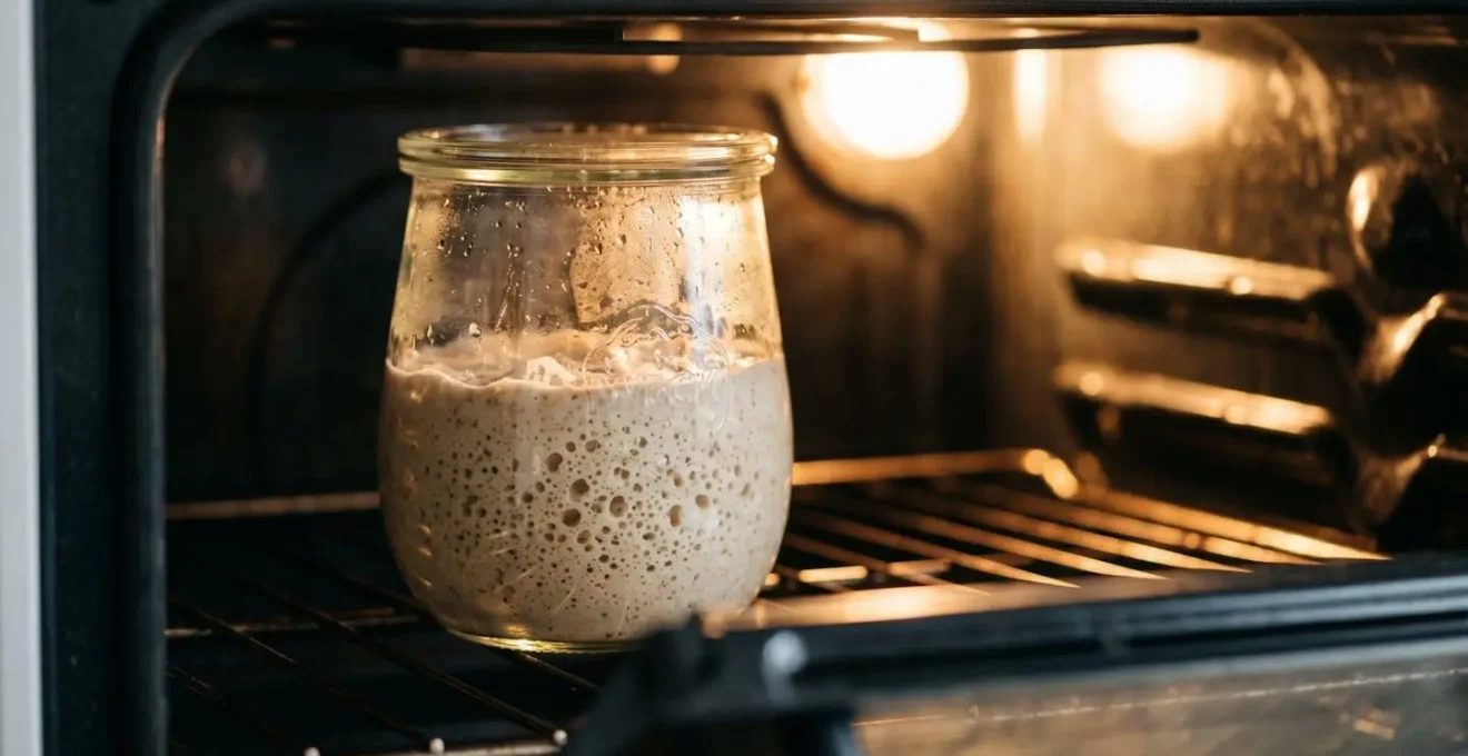 Glass jar with active sourdough starter inside turned-off oven with interior light glowing warmly