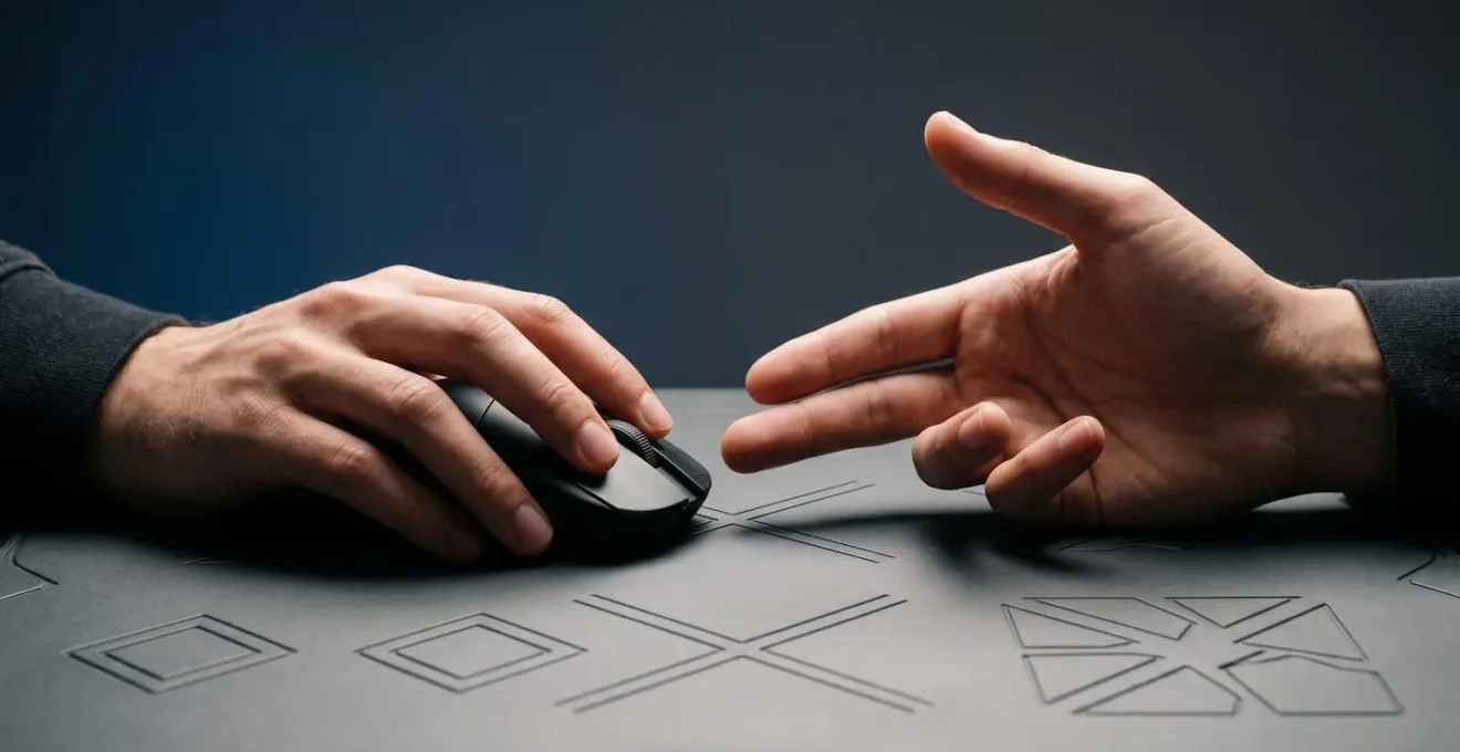 Symbolic representation of balanced competitive gaming skillset combining mechanical precision with strategic thinking