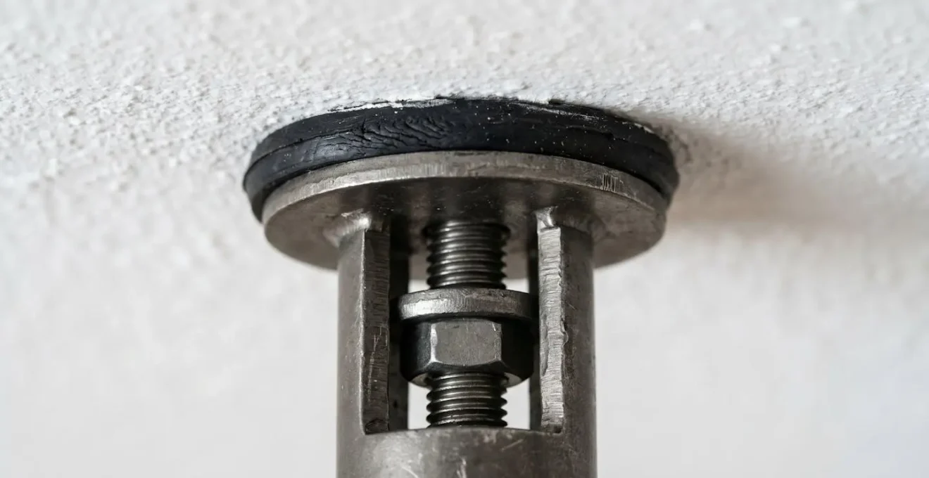 Close-up detail of a floor-to-ceiling tension pole connection point showing non-damaging rubber contact surfaces