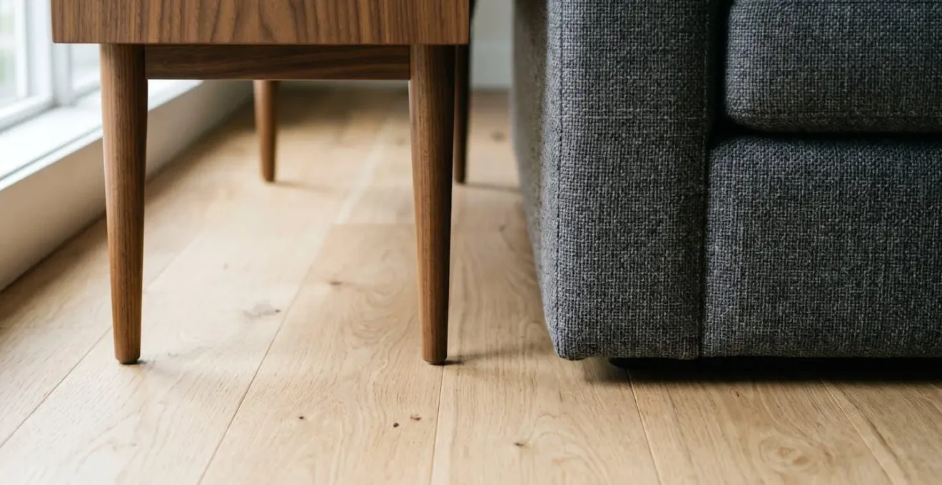 Close comparison of furniture legs showing contrast between slender elevated supports and a solid-to-floor base, demonstrating visual weight differences.
