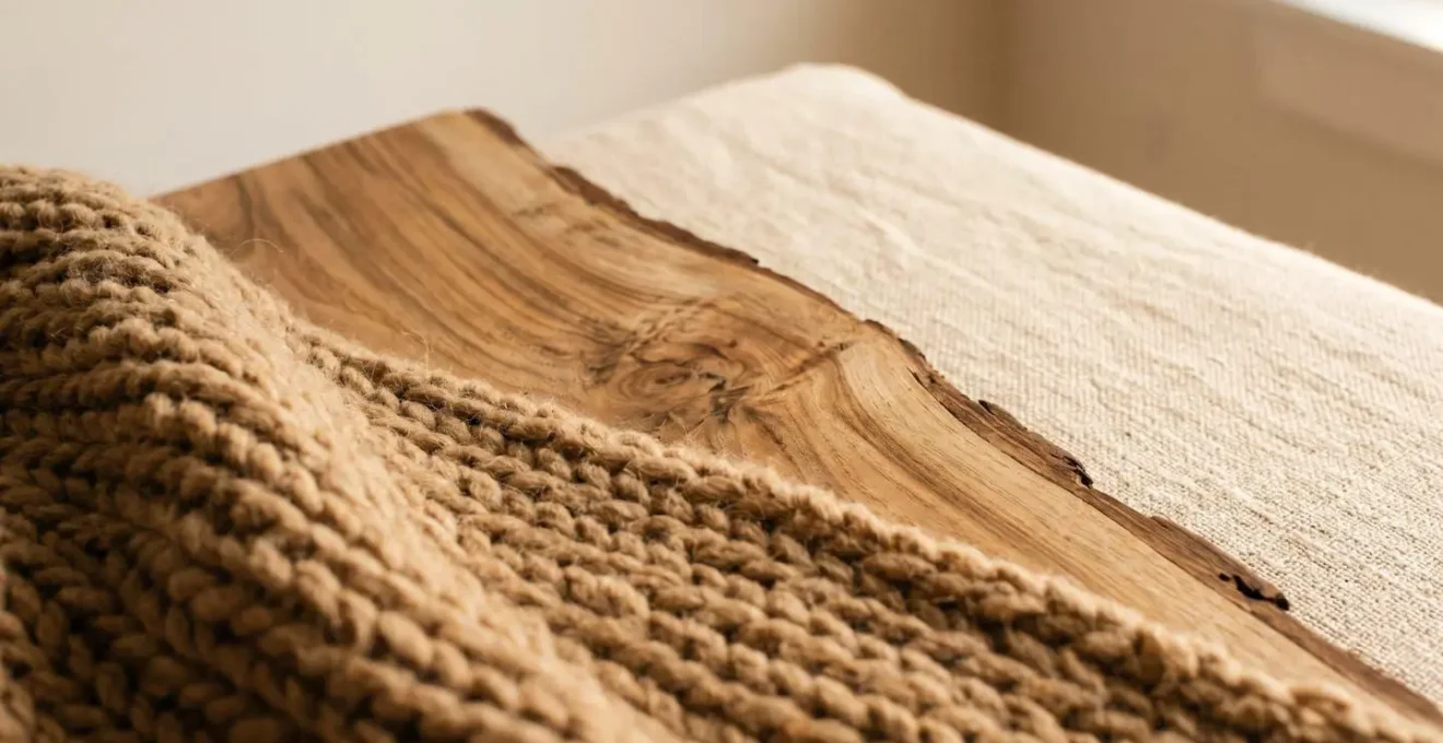 Layered natural textures including a wool throw, raw wood grain, and organic linen fabric creating warmth in a minimalist setting.