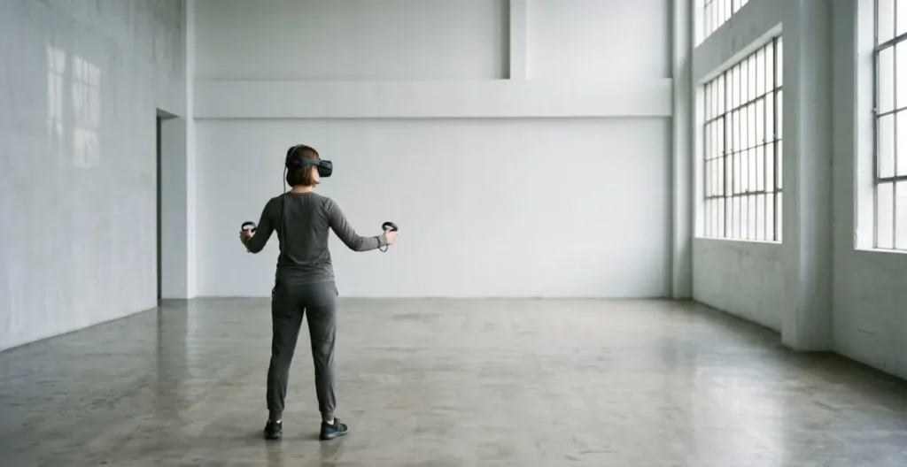 Minimalist VR training space showing gradual complexity progression Minimalist VR training space showing gradual complexity progression